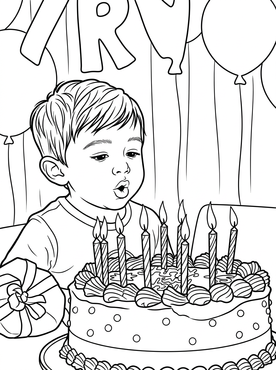 A birthday party coloring page made from a personal photo