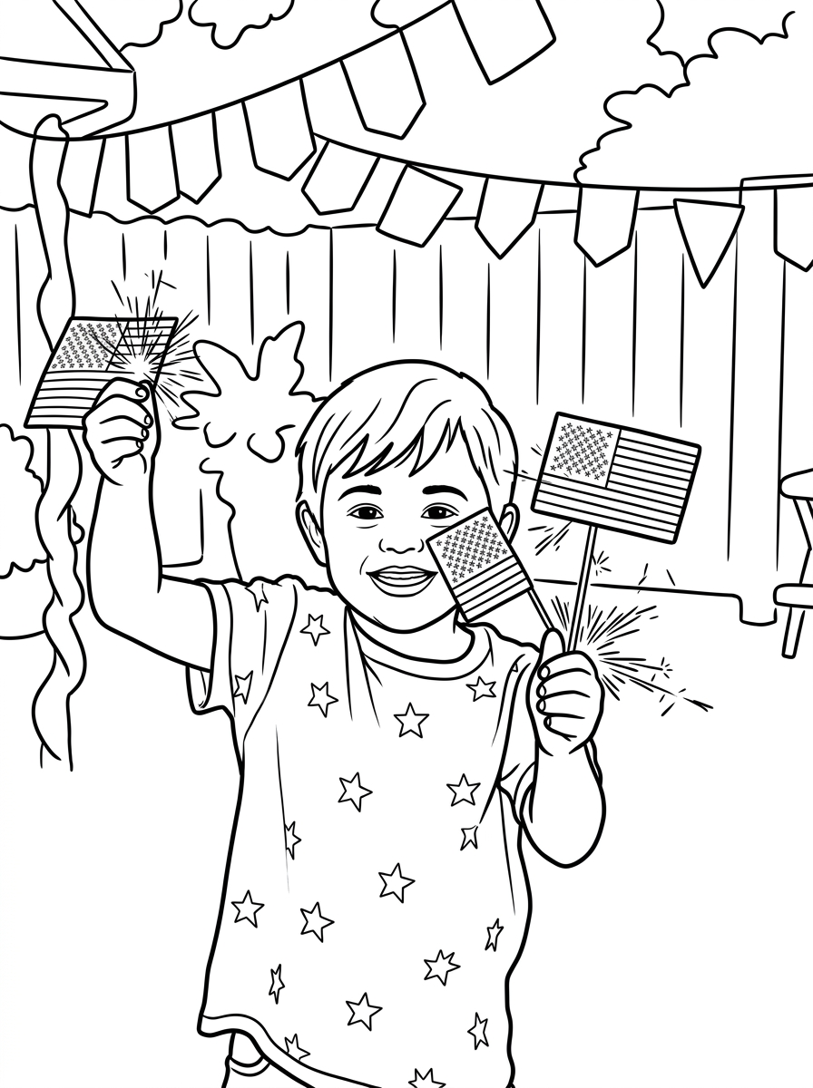 A Fourth of July coloring page made from a personal photo