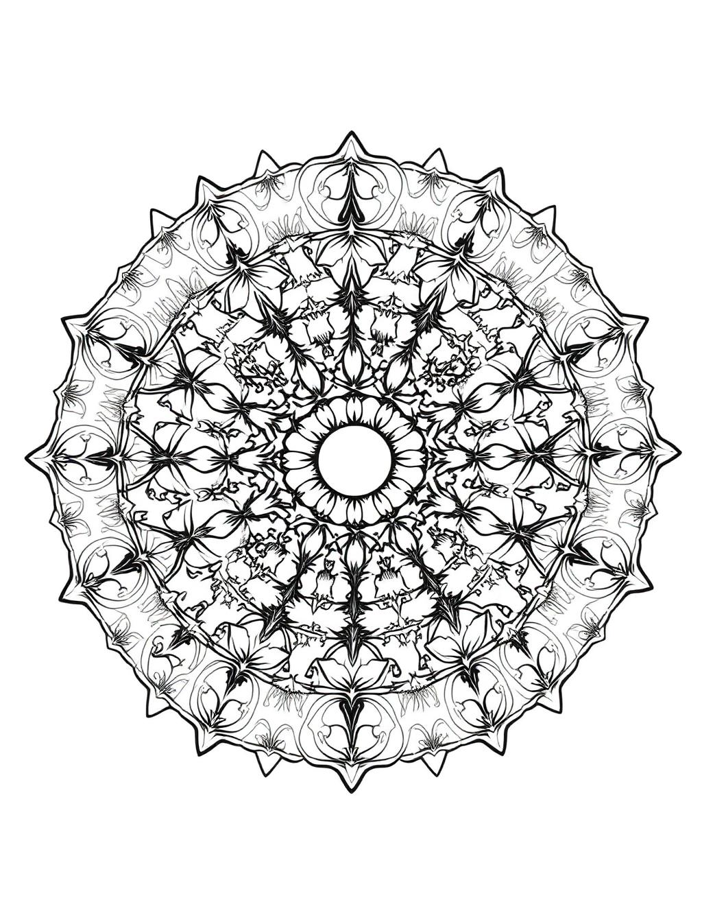 Black-and-white line-art coloring page of a mandala shaped like an animal head