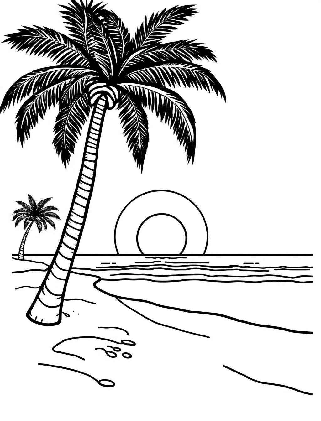 Black-and-white line-art coloring page of a beach with palm trees and a setting sun