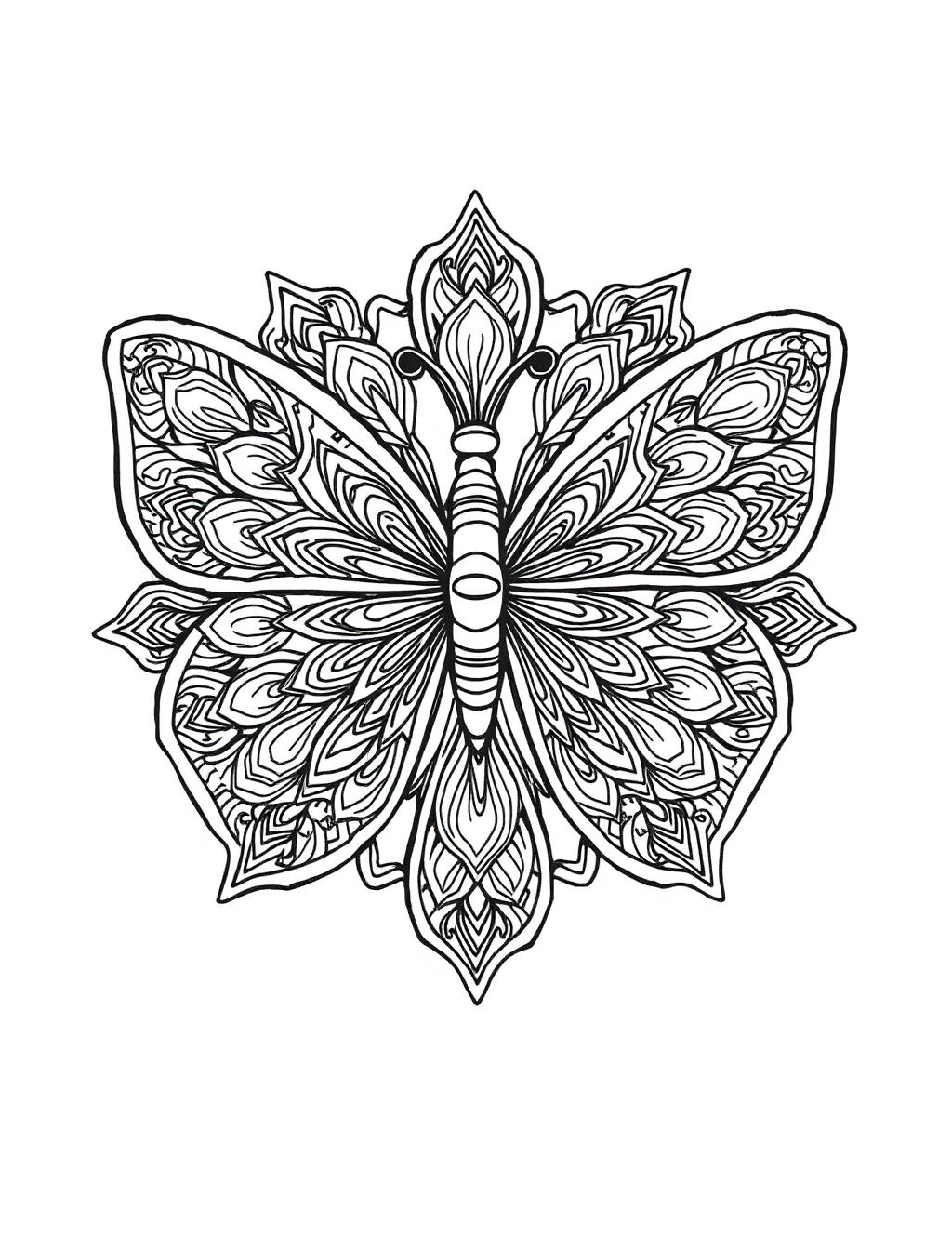 Black-and-white line-art coloring page of a butterfly filled with mandala patterns