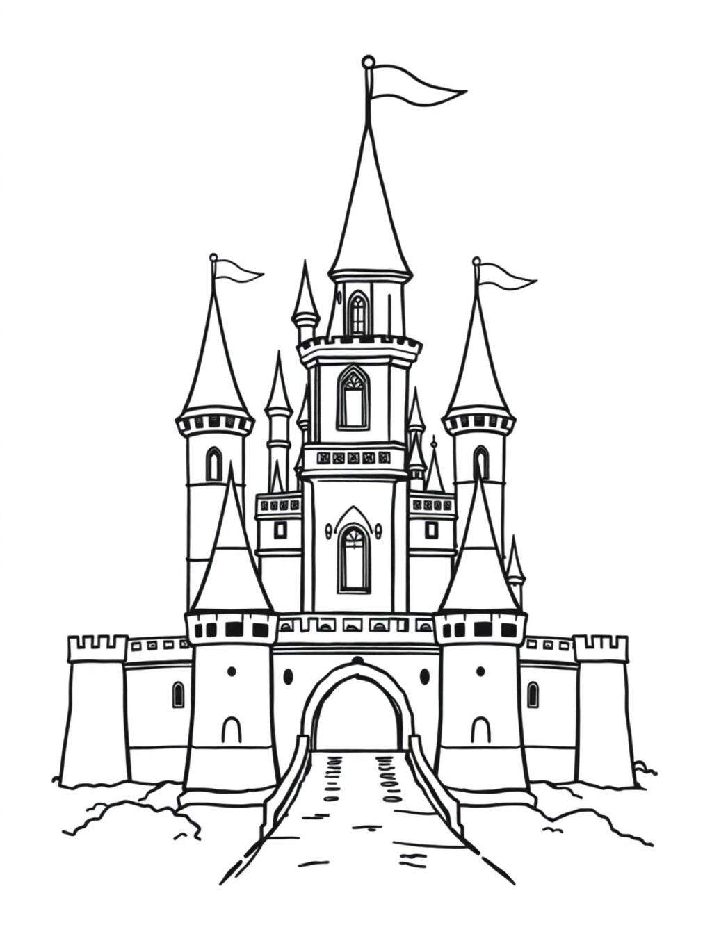 Black-and-white line-art coloring page of a fairytale castle with towers