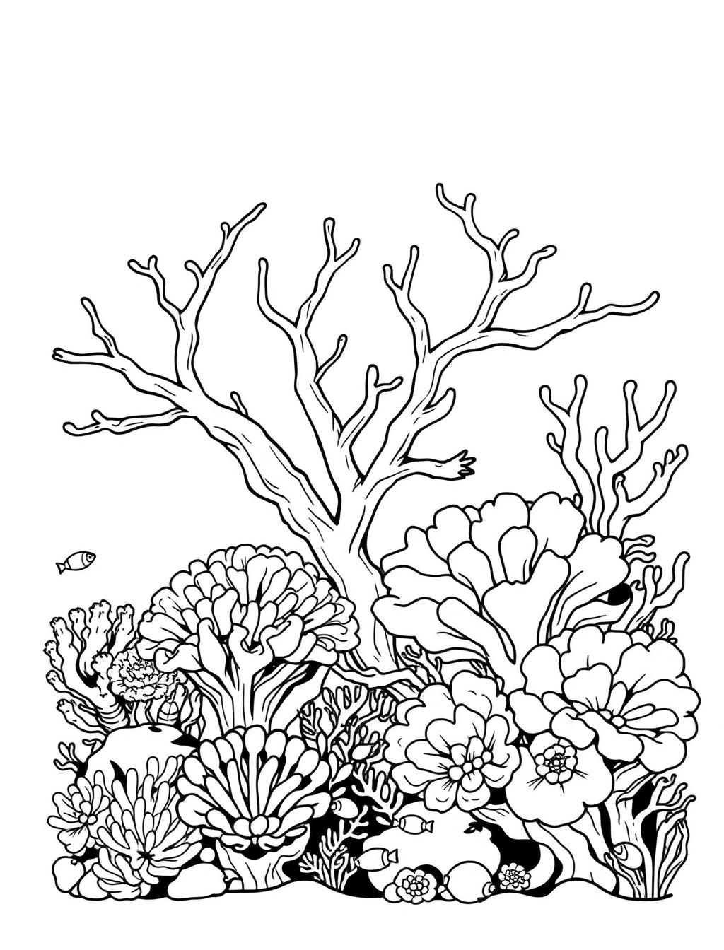 Black-and-white line-art coloring page of a coral reef with fish