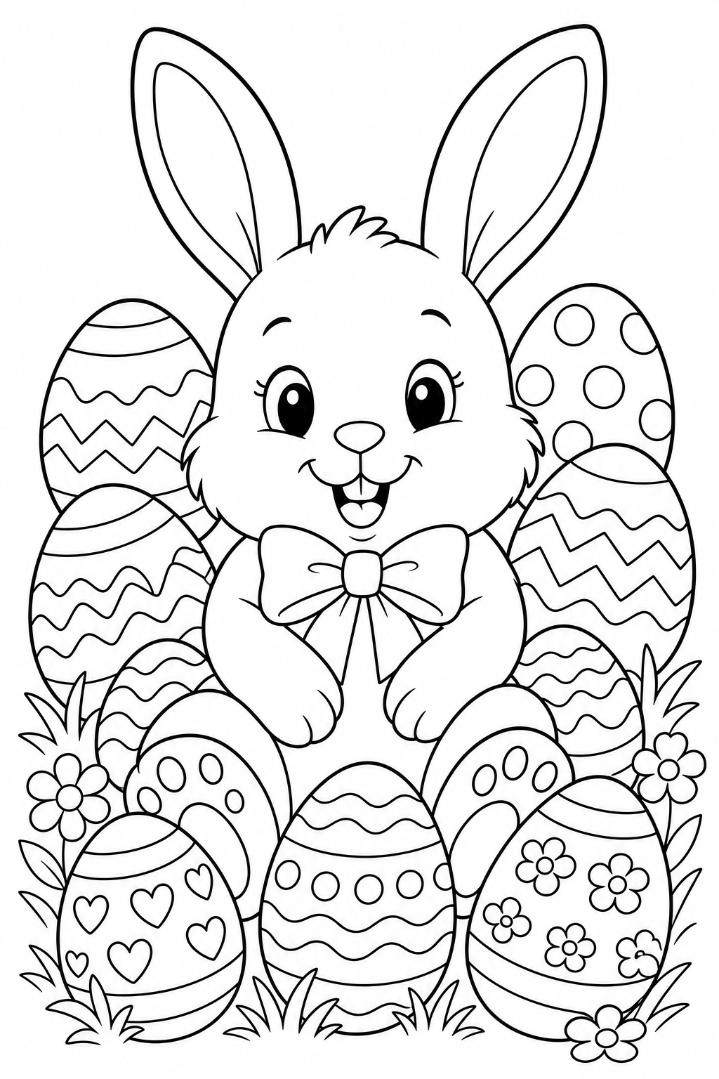 Black-and-white line-art coloring page of an Easter bunny with eggs