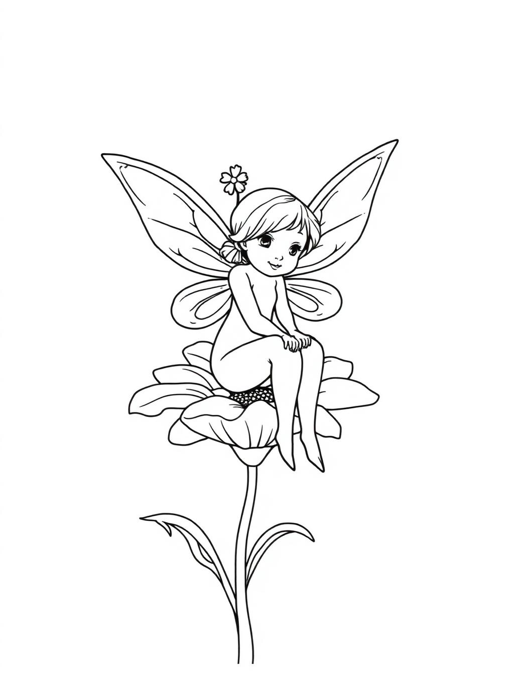 Black-and-white line-art coloring page of a fairy with delicate wings