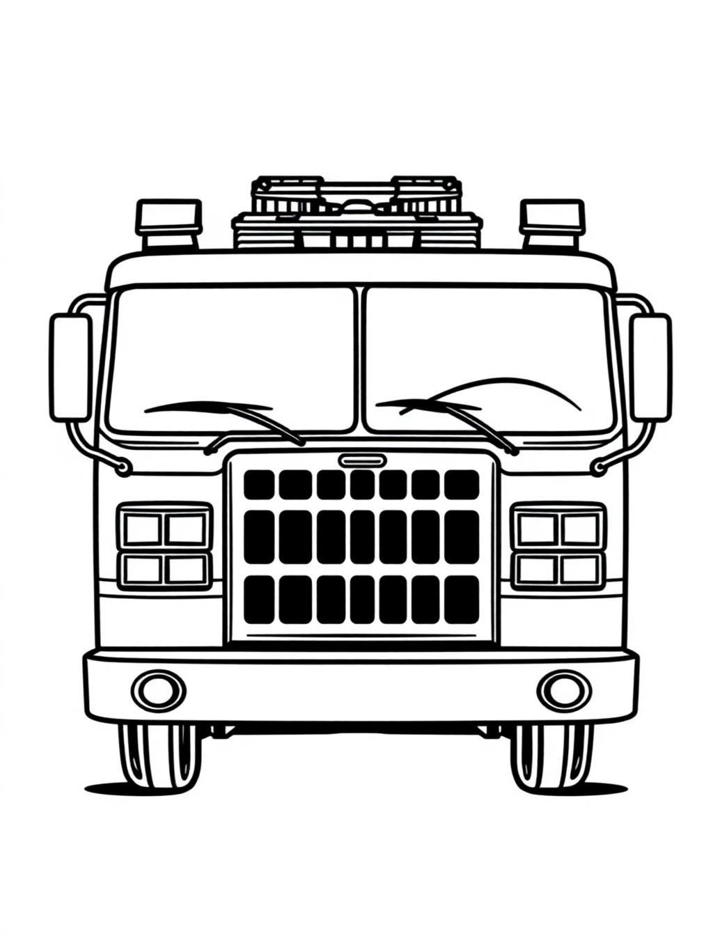 Black-and-white line-art coloring page of a fire truck with a ladder