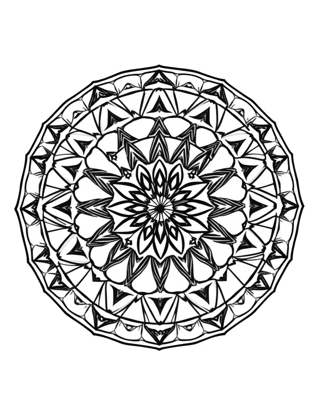 Black-and-white line-art coloring page of a geometric mandala with triangles and diamonds