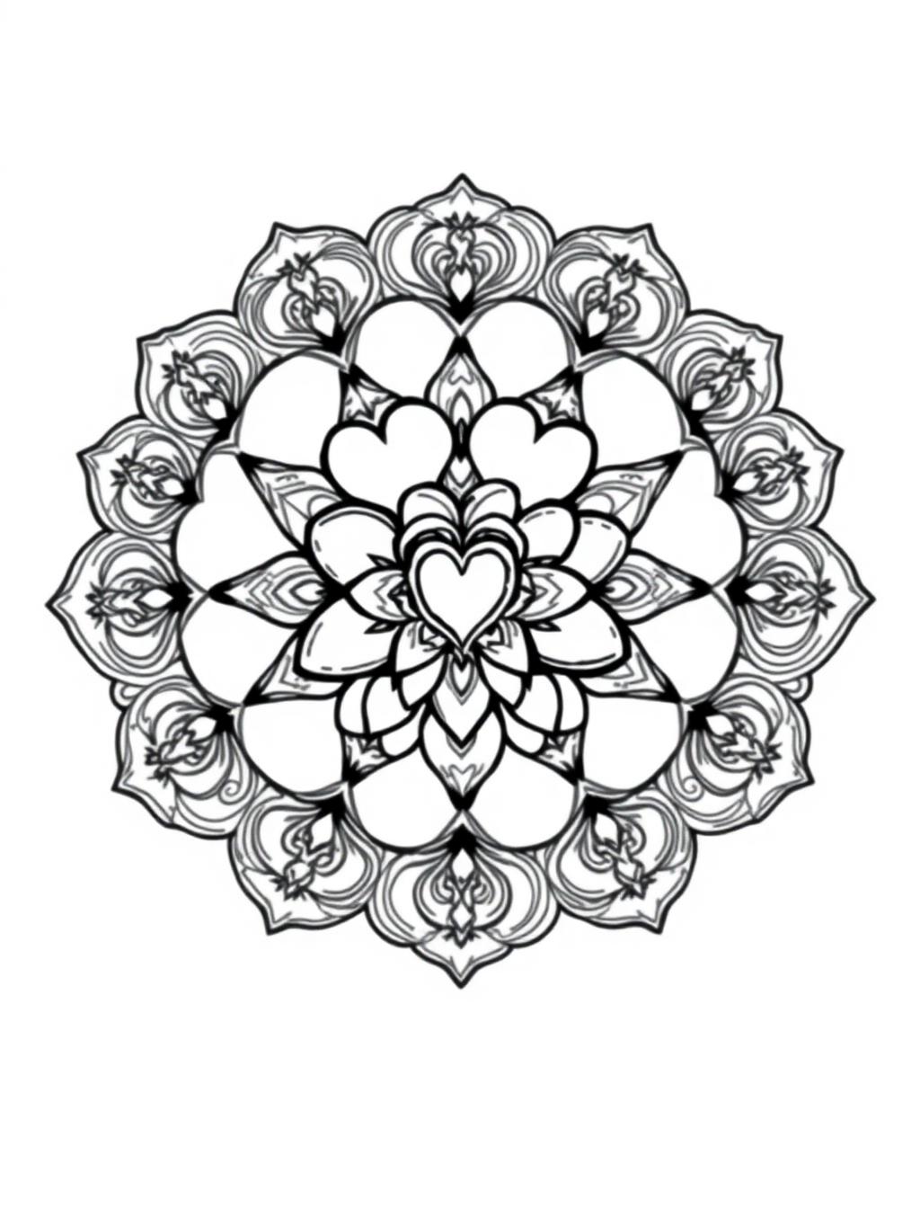 Black-and-white line-art coloring page of a mandala made of hearts