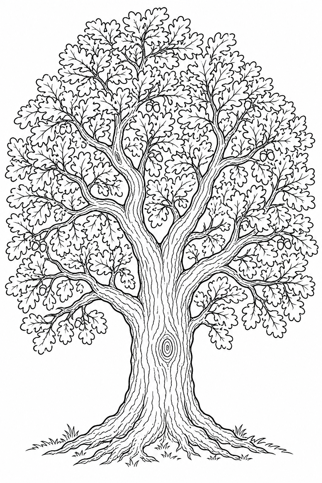 Black-and-white line-art coloring page of a large oak tree