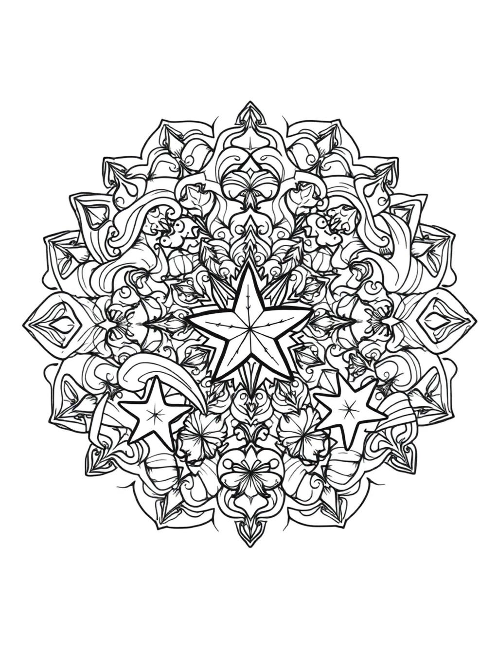 Black-and-white line-art coloring page of a mandala made of waves, shells and sea creatures