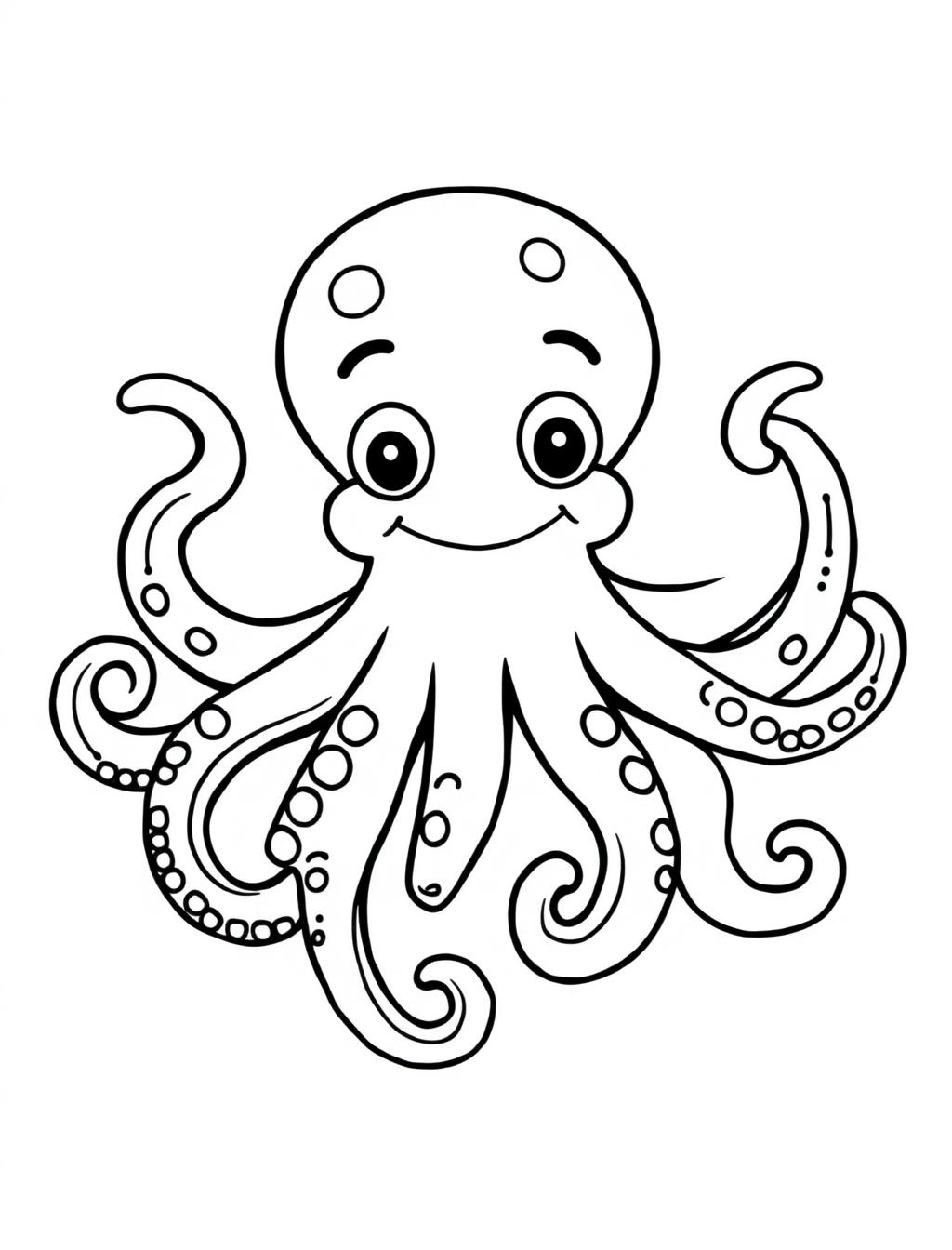 Black-and-white line-art coloring page of an octopus with curling tentacles
