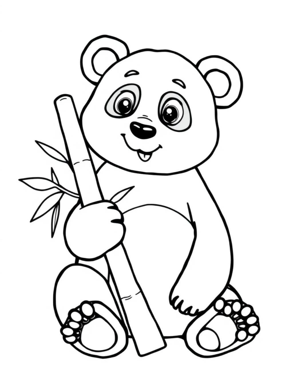 Black-and-white line-art coloring page of a panda holding bamboo