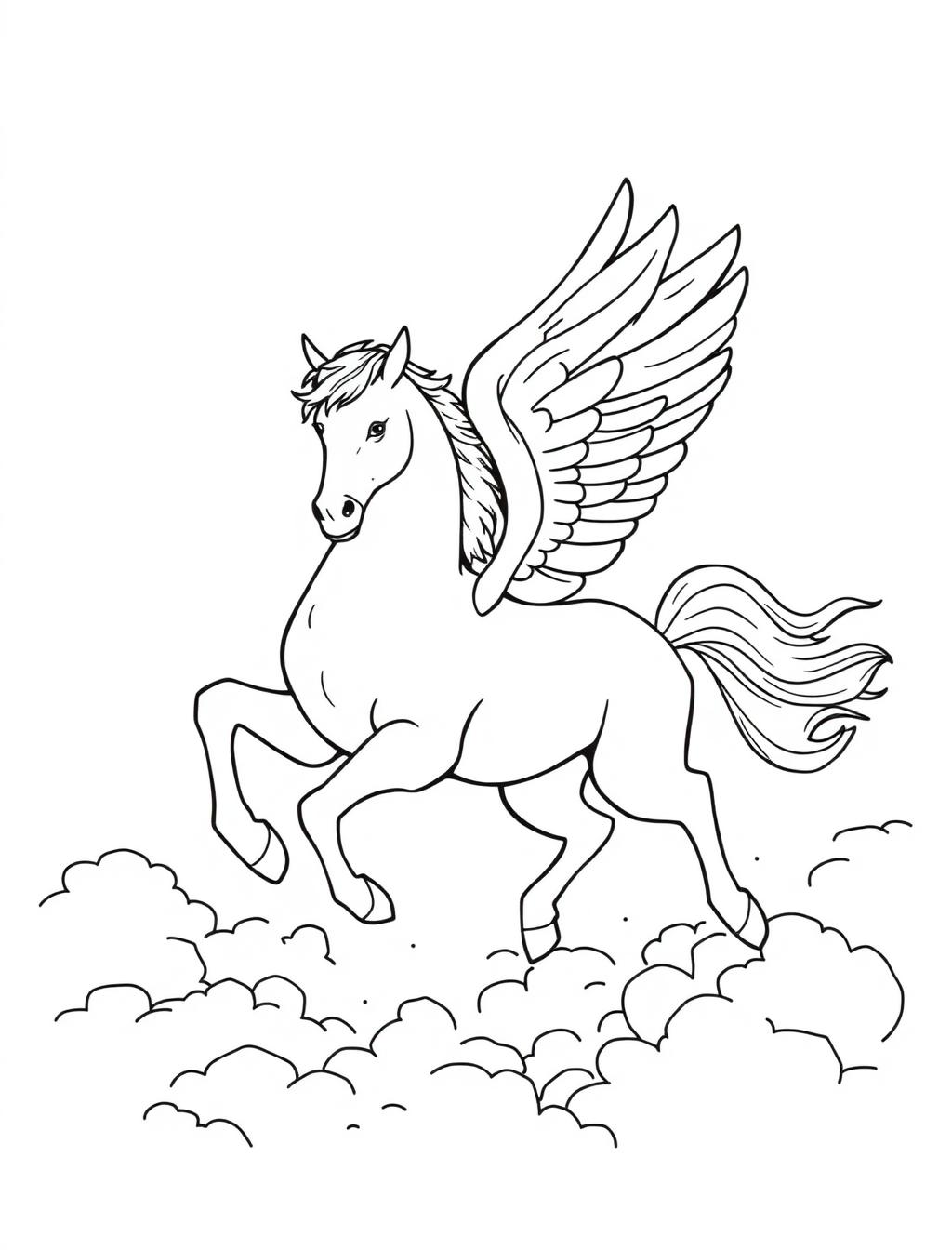 Black-and-white line-art coloring page of a winged horse in flight