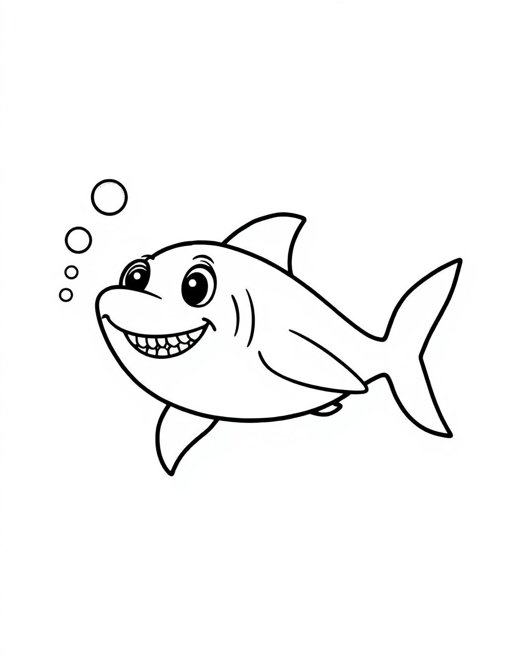 Black-and-white line-art coloring page of a shark swimming