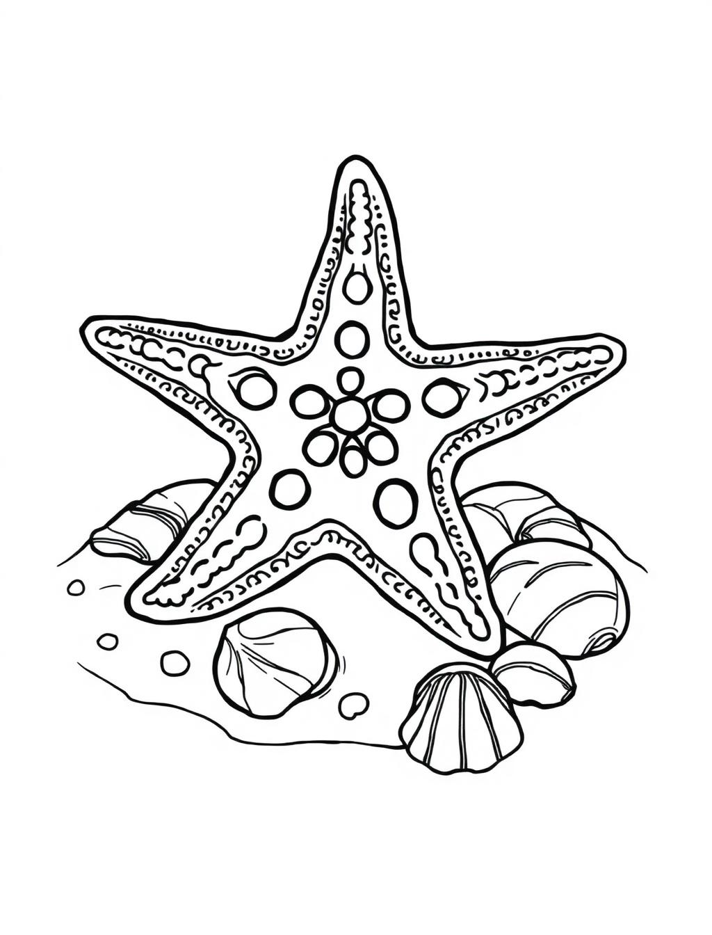 Black-and-white line-art coloring page of starfish and shells on sand