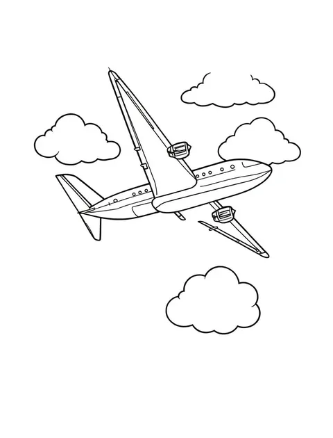 Black-and-white line-art coloring page of a passenger airplane in flight