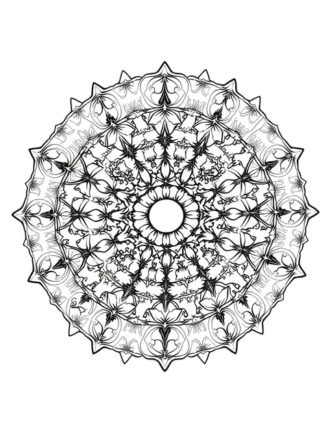 Black-and-white line-art coloring page of a mandala shaped like an animal head