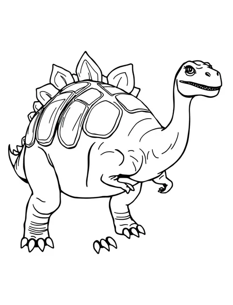 Black-and-white line-art coloring page of an armoured ankylosaurus