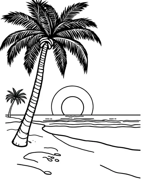 Black-and-white line-art coloring page of a beach with palm trees and a setting sun