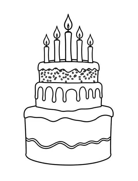Black-and-white line-art coloring page of a tiered birthday cake with candles