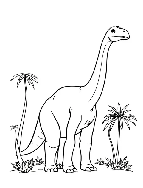 Black-and-white line-art coloring page of a long-necked brachiosaurus