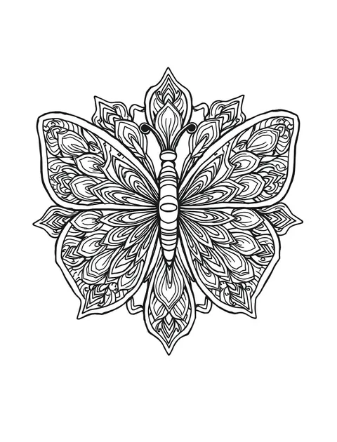Black-and-white line-art coloring page of a butterfly filled with mandala patterns