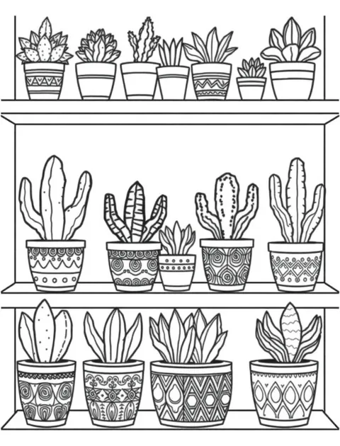 Black-and-white line-art coloring page of potted cacti and succulents