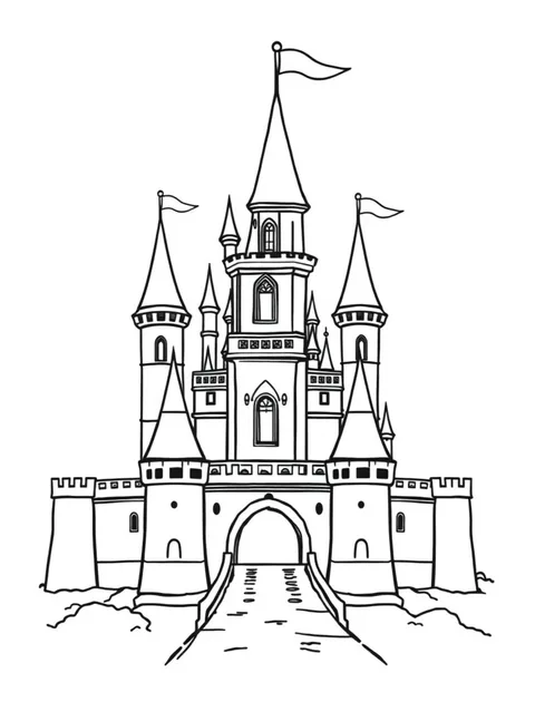 Black-and-white line-art coloring page of a fairytale castle with towers
