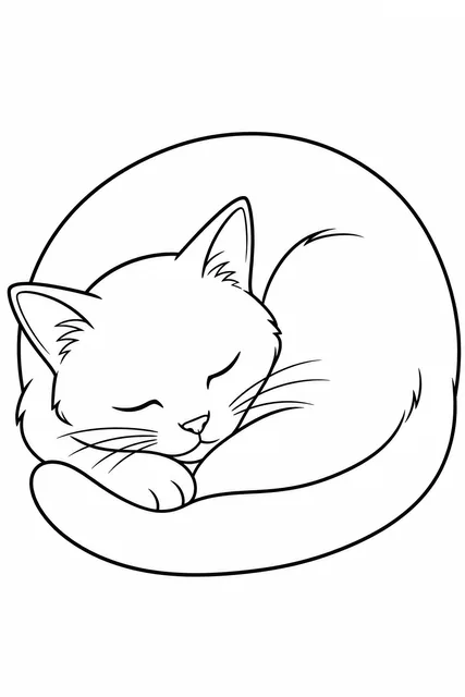 Black-and-white line-art coloring page of a curled-up cat