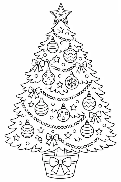Black-and-white line-art coloring page of a decorated Christmas tree