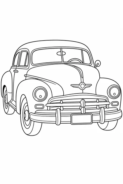 Black-and-white line-art coloring page of a classic car