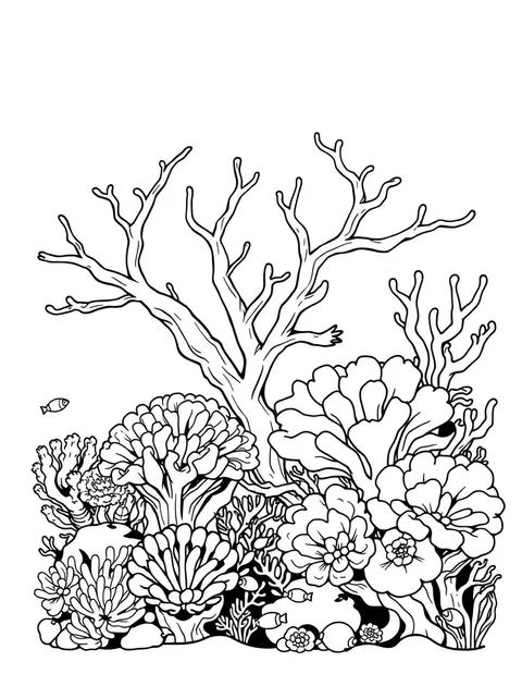 Black-and-white line-art coloring page of a coral reef with fish