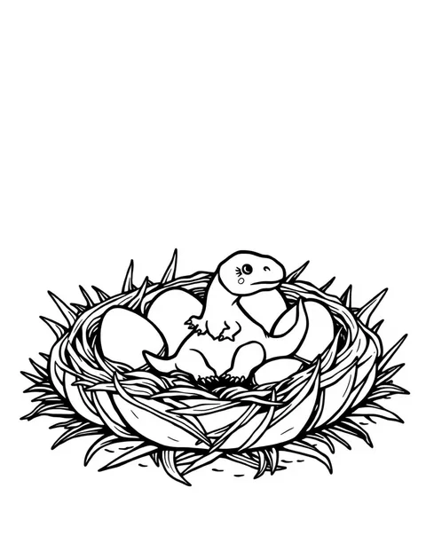 Black-and-white line-art coloring page of a nest of dinosaur eggs with a hatchling