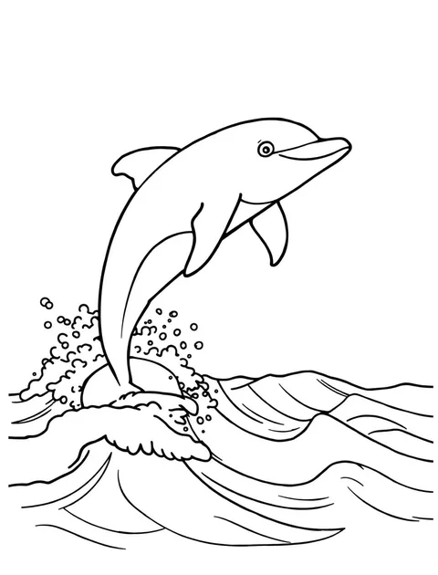 Black-and-white line-art coloring page of a dolphin leaping from waves