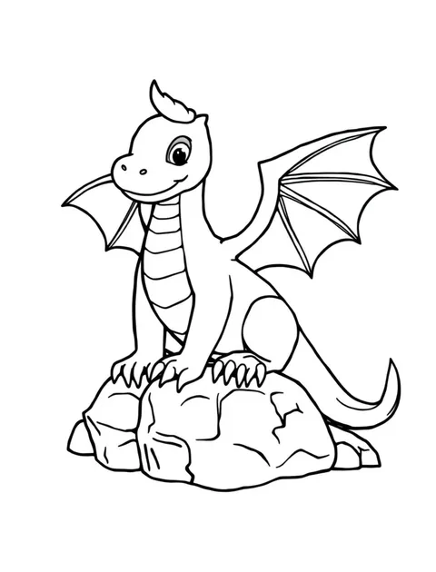 Black-and-white line-art coloring page of a dragon with spread wings