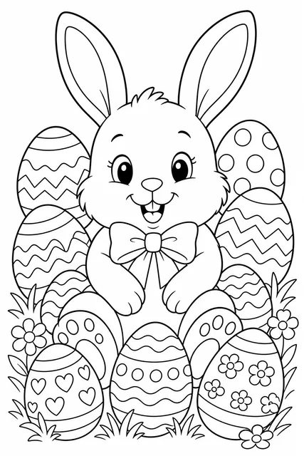Black-and-white line-art coloring page of an Easter bunny with eggs