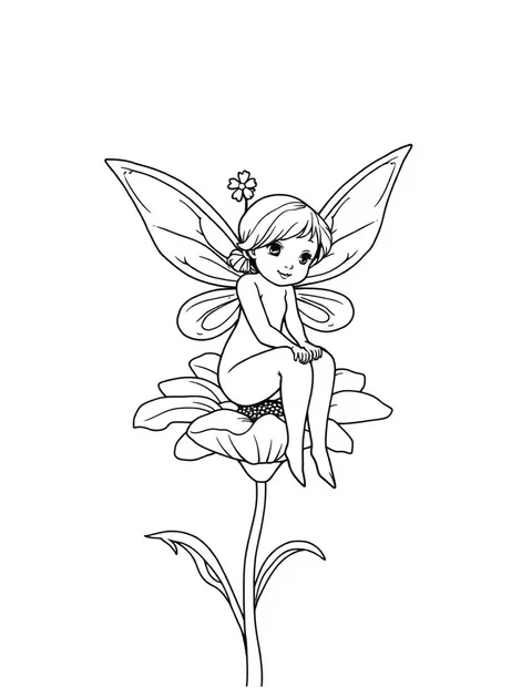 Black-and-white line-art coloring page of a fairy with delicate wings