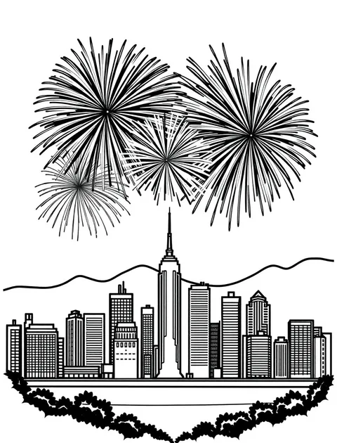 Black-and-white line-art coloring page of fireworks bursting over a skyline