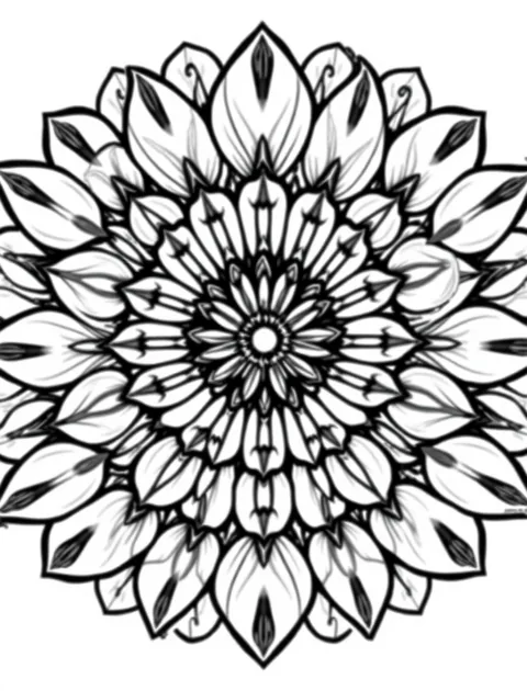Black-and-white line-art coloring page of a symmetrical floral mandala