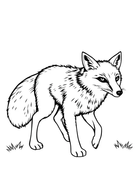 Black-and-white line-art coloring page of a fox with a bushy tail
