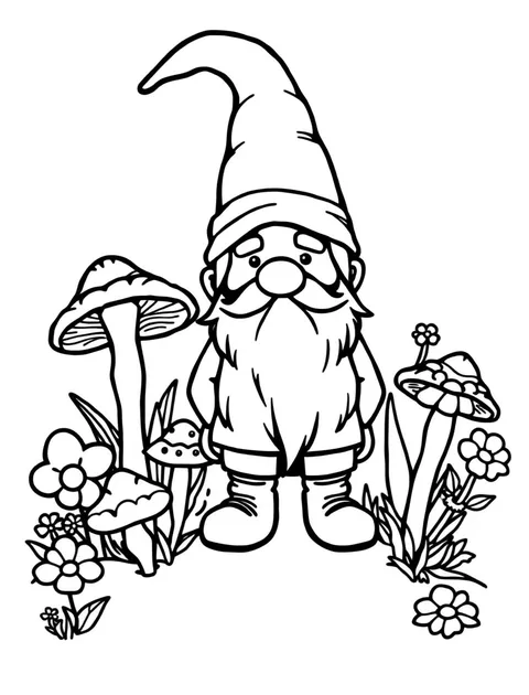 Black-and-white line-art coloring page of a garden gnome with a pointed hat