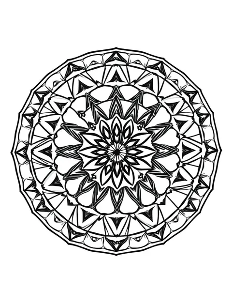 Black-and-white line-art coloring page of a geometric mandala with triangles and diamonds