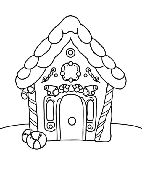 Black-and-white line-art coloring page of a decorated gingerbread house