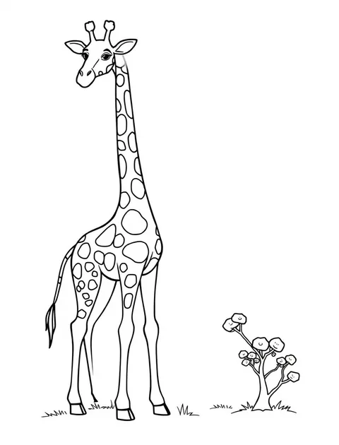 Black-and-white line-art coloring page of a tall giraffe