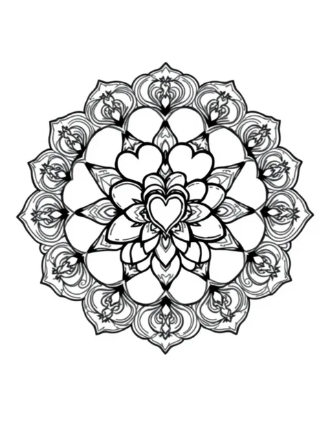 Black-and-white line-art coloring page of a mandala made of hearts