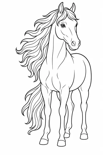 Black-and-white line-art coloring page of a standing horse