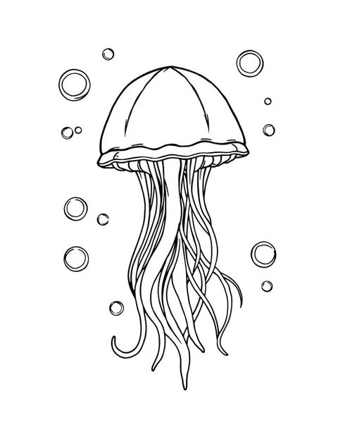 Black-and-white line-art coloring page of jellyfish with flowing tentacles