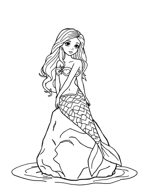 Black-and-white line-art coloring page of a mermaid sitting on a rock