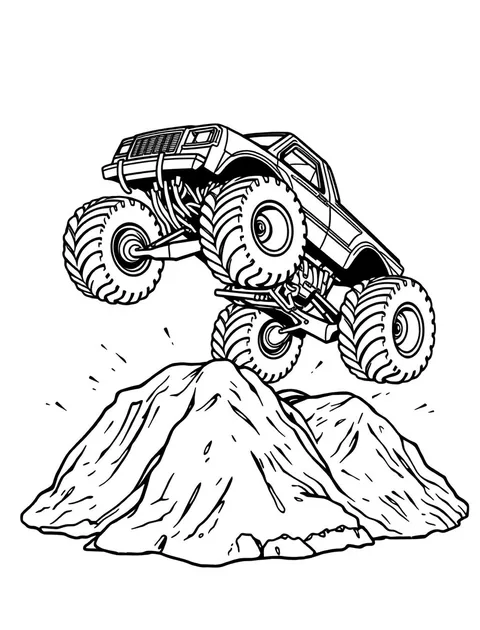 Black-and-white line-art coloring page of a monster truck with huge wheels