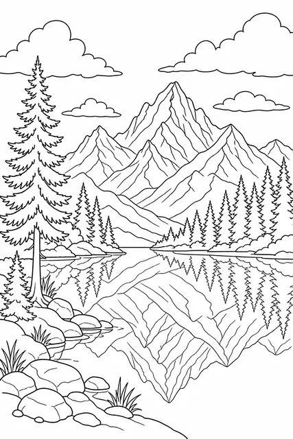 Black-and-white line-art coloring page of mountains beside a lake